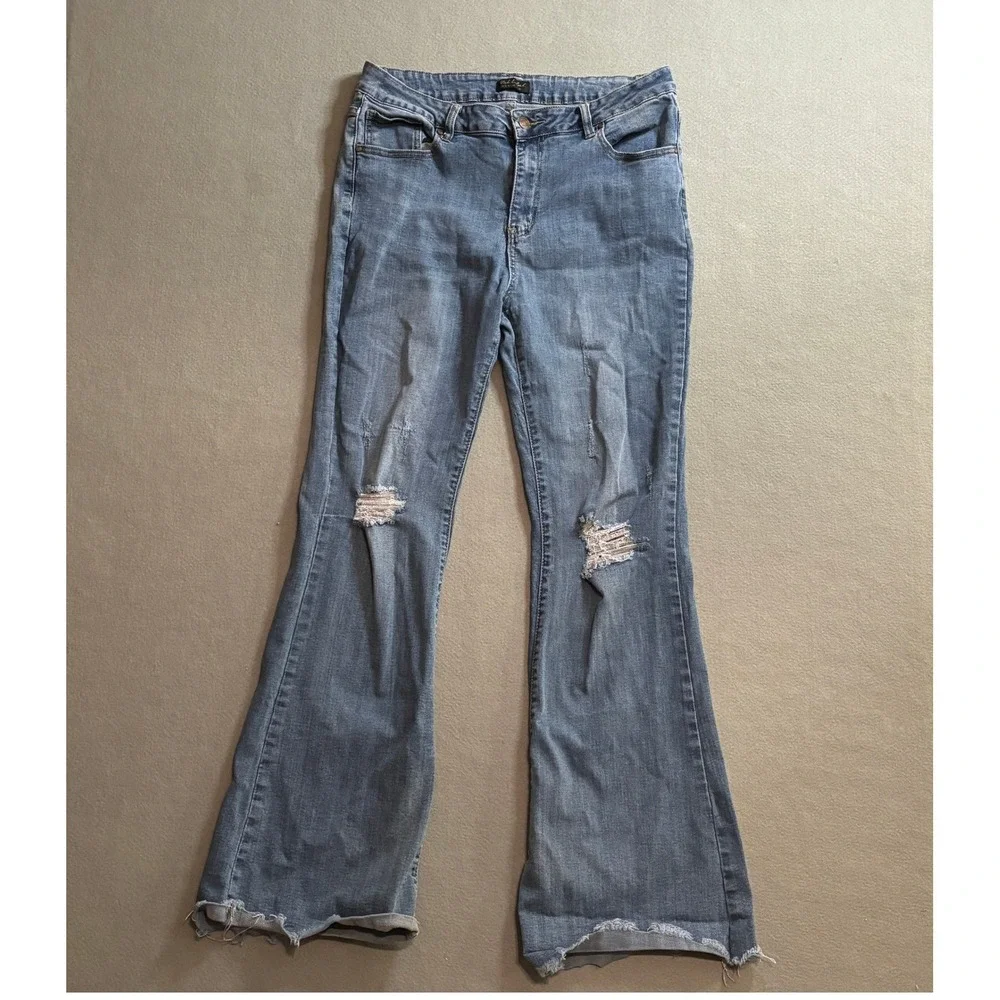 Pink Label Denim Co Distressed Flare Jeans Stretch Blue Sz Wide leg Y2K
